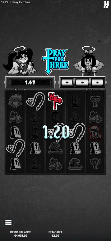 Pray for Three Slot Basisspiel Vollansicht mit den gefallenen Schwestern Scary Mary und Morbid Magda