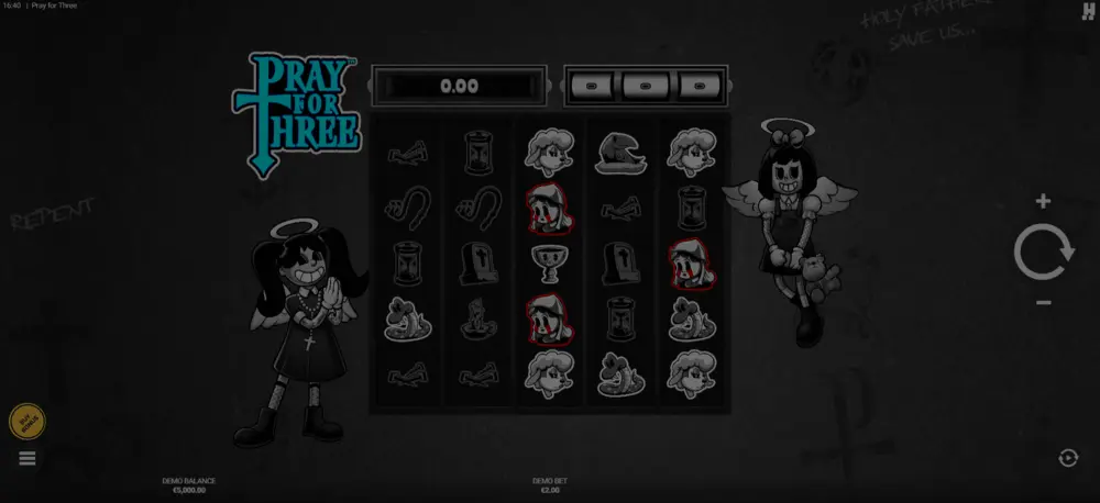 Pray for Three Slot Demo-Spielfenster mit gotischer Kathedrale und den gefallenen Engeln Scary Mary und Morbid Magda
