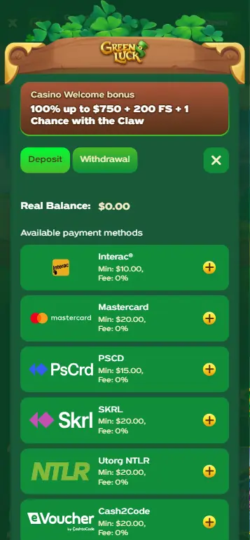 Einzahlungsinterface mit PayPal, Visa und Apple Pay für das Pray for Three Casino