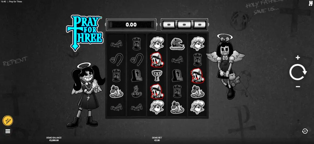 Pray for Three Slot Basisspiel mit den gefallenen Engeln Scary Mary und Morbid Magda neben dem Spielfeld