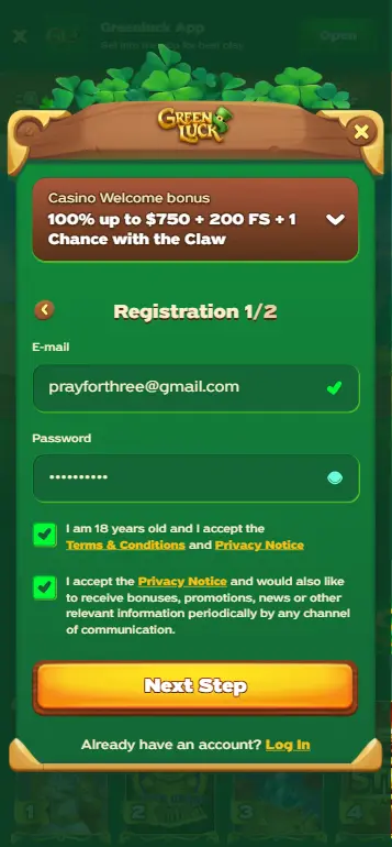 Registration form for playing Pray for Three real money in Canada
